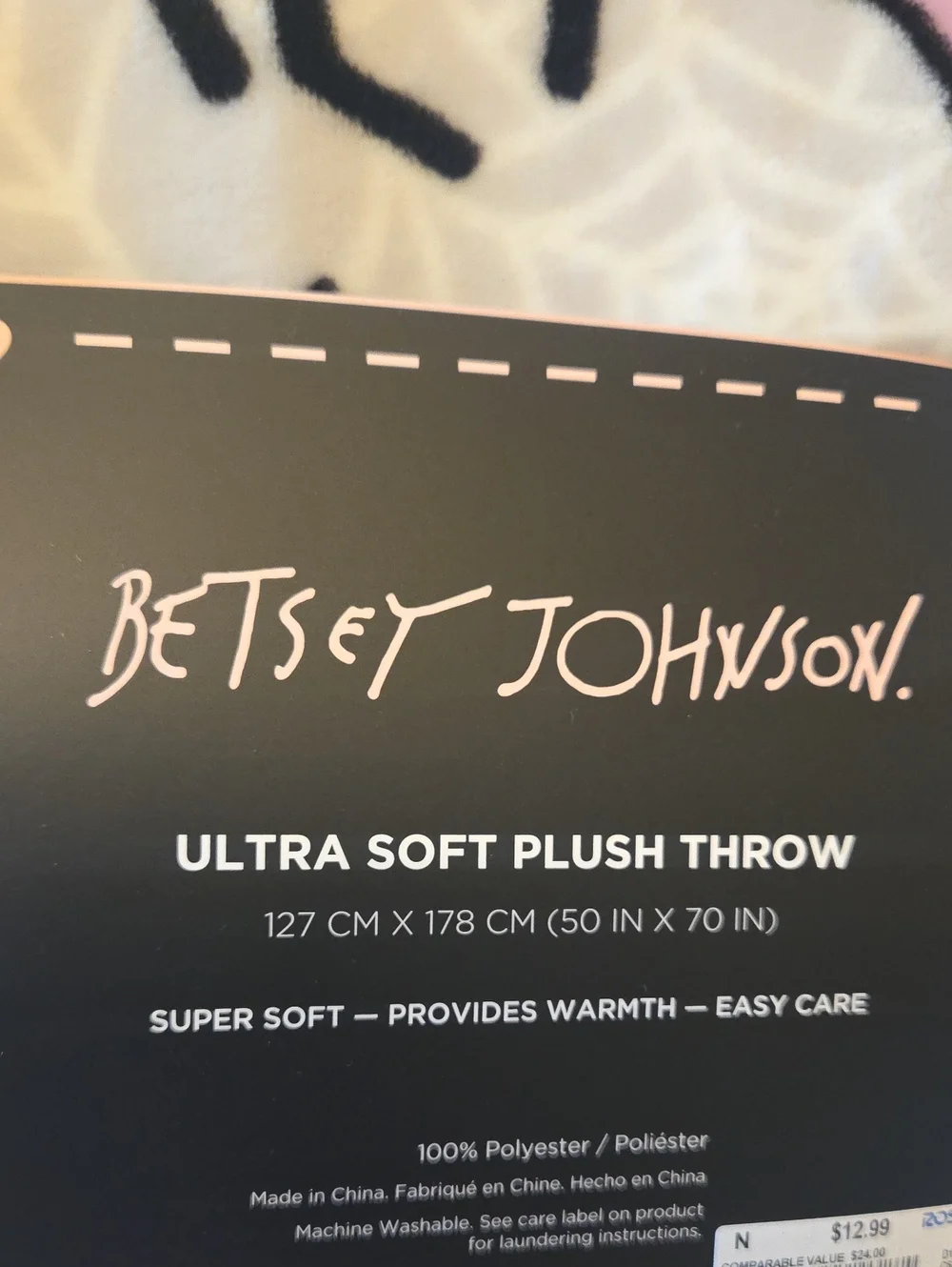Betsey Johnson White Plush Throw with Purple Spiderwebs and Black Spiders